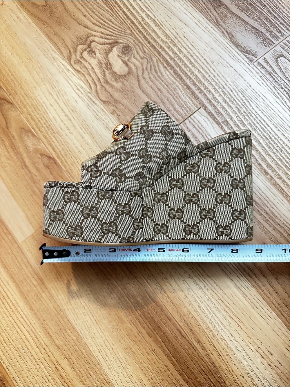 Gucci Beige Monogram Platform Mules with Gold Horsebit - Picture 8 of 9